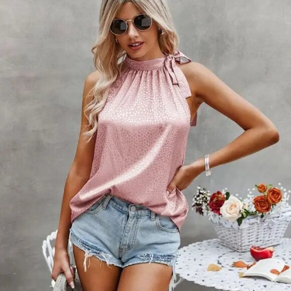 Satin Leopard Print Halter Top, Pink - Picture 2 of 4